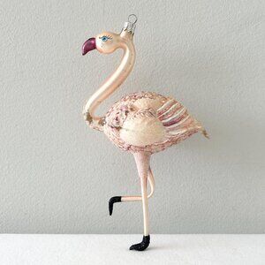 Pink Flamingo Christmas Ornament 7” Blown Glass Glitter Hand Painted